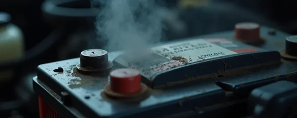 Batterie d'auto avec des signes visuels de faiblesse sous un capot de voiture