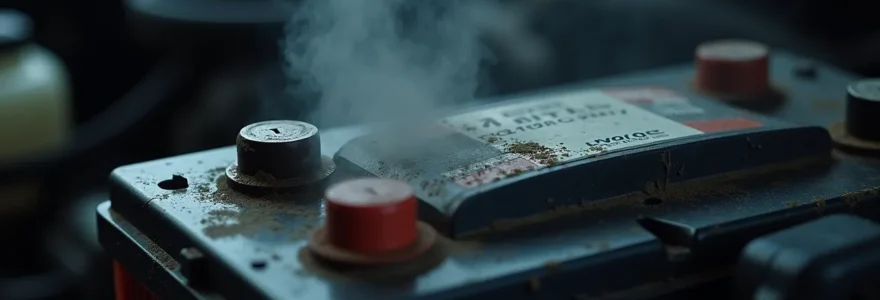 Batterie d'auto avec des signes visuels de faiblesse sous un capot de voiture