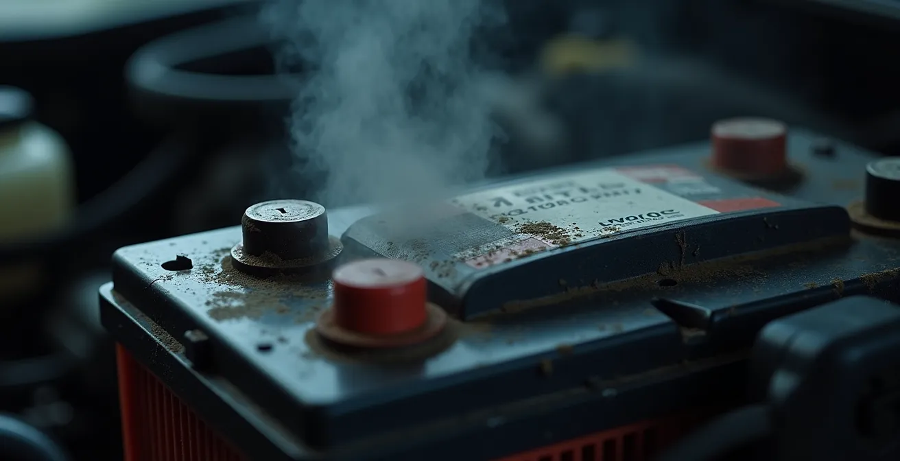Batterie d'auto avec des signes visuels de faiblesse sous un capot de voiture