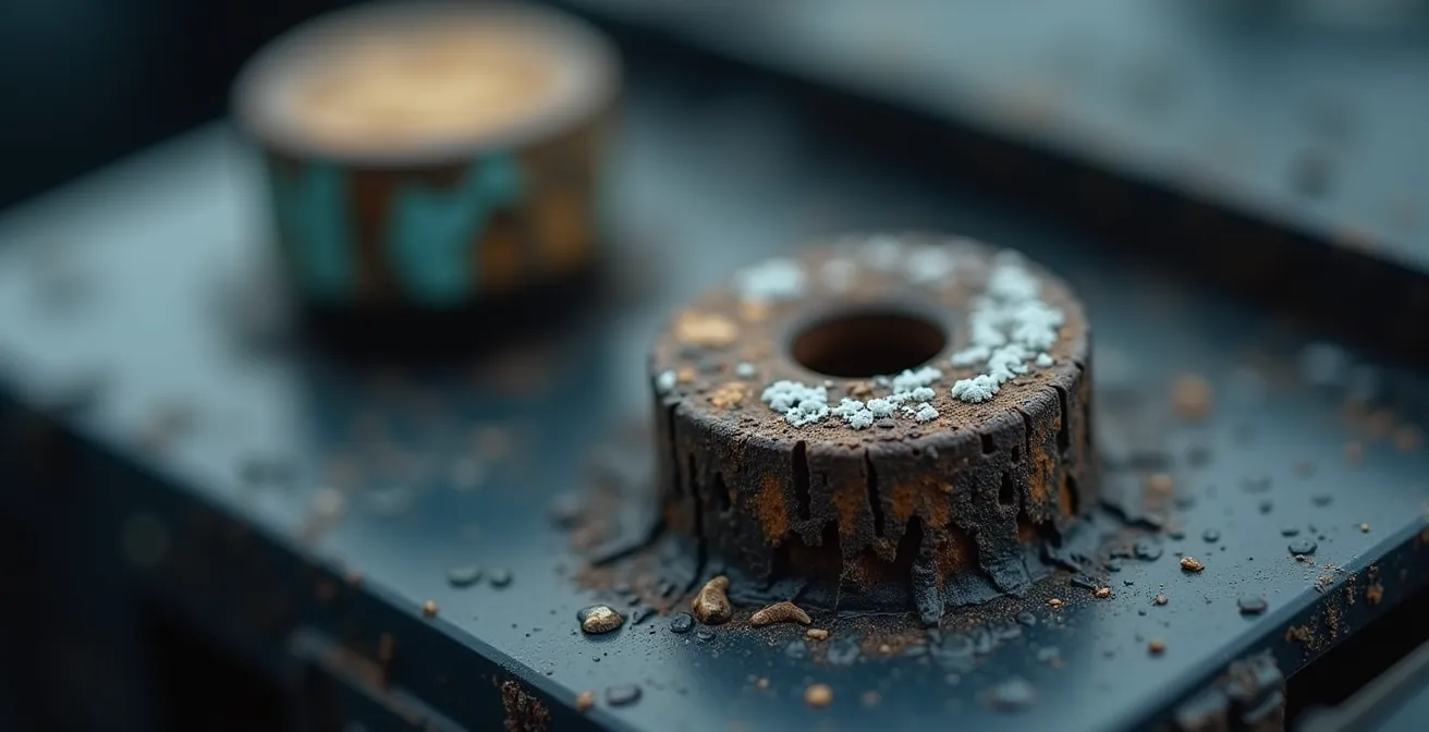 Illustration d’une batterie avec corrosion visible sur bornes et boîtier légèrement gonflé