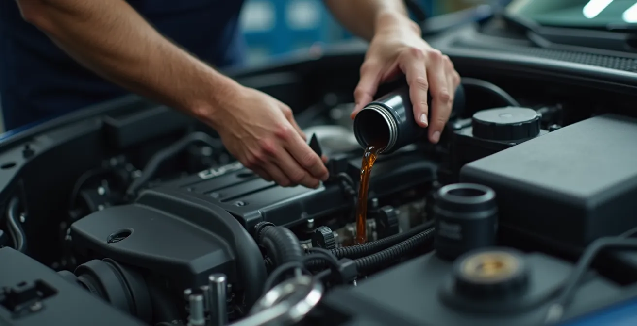 Détail d’un mécanicien effectuant une vidange avec vérification d’autres éléments du moteur