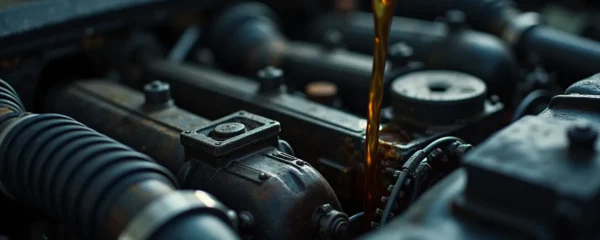 Illustration conceptuelle montrant un moteur de voiture avec une huile en dégradation et des composants abîmés