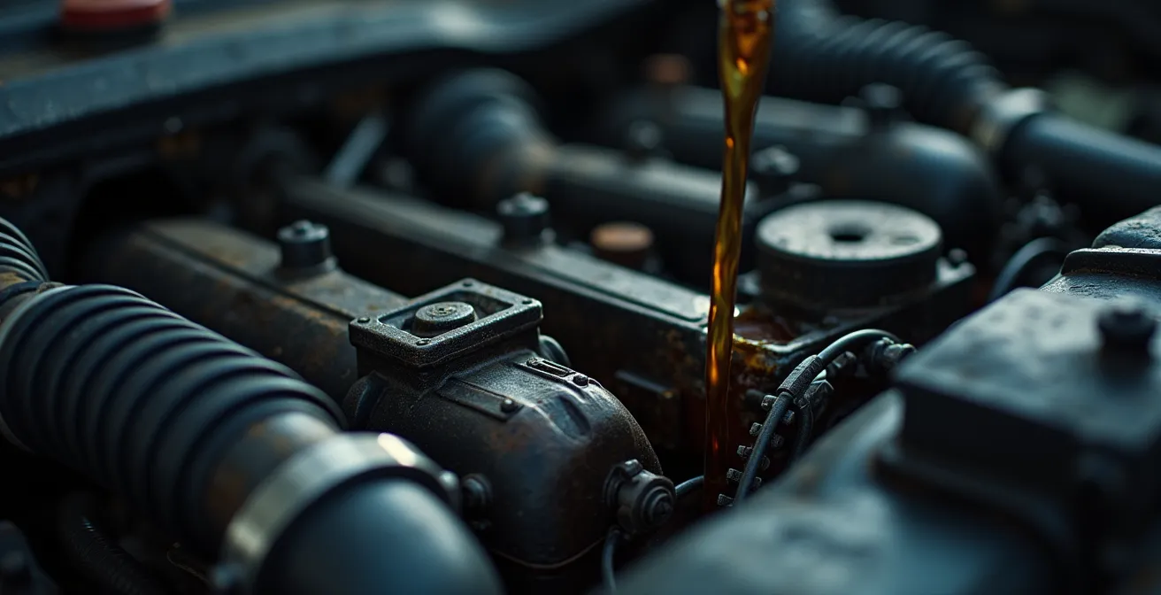 Illustration conceptuelle montrant un moteur de voiture avec une huile en dégradation et des composants abîmés
