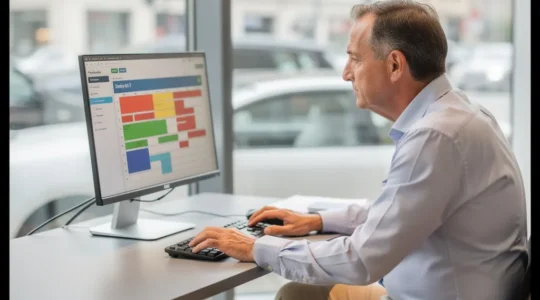 Gérant d'agence de location consultant un planning de réservation sur écran