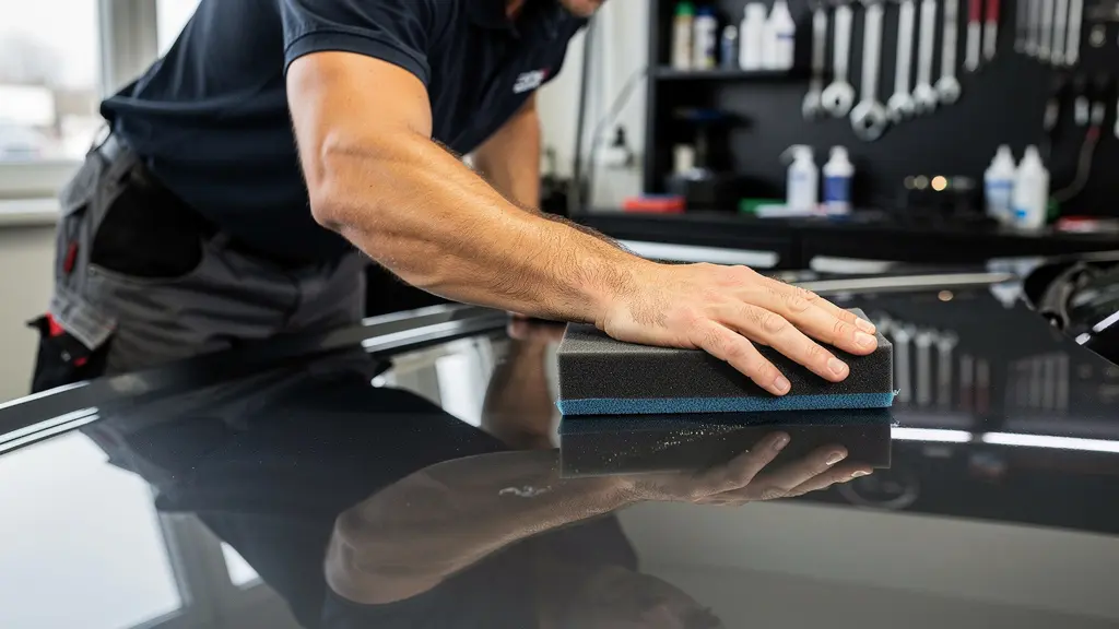 Technicien appliquant une protection céramique sur capot sombre en atelier detailing