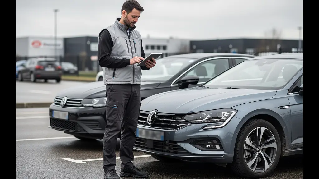 Technicien inspectant un véhicule de location avec une tablette numérique