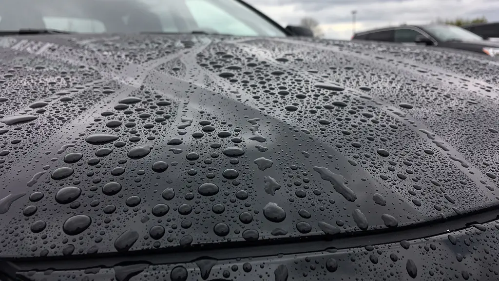 Effet hydrophobe sur capot SUV traité céramique avec gouttelettes d'eau perlées