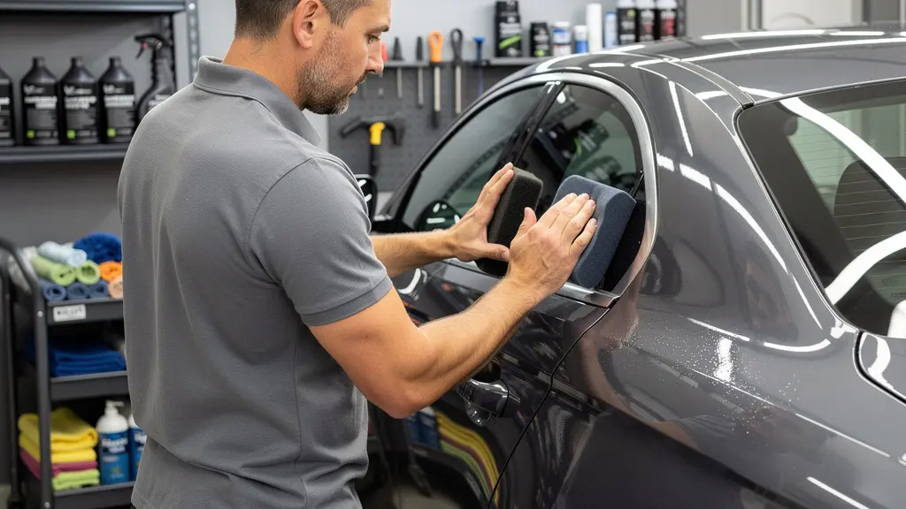 Technicien detailing appliquant traitement céramique sur portière véhicule