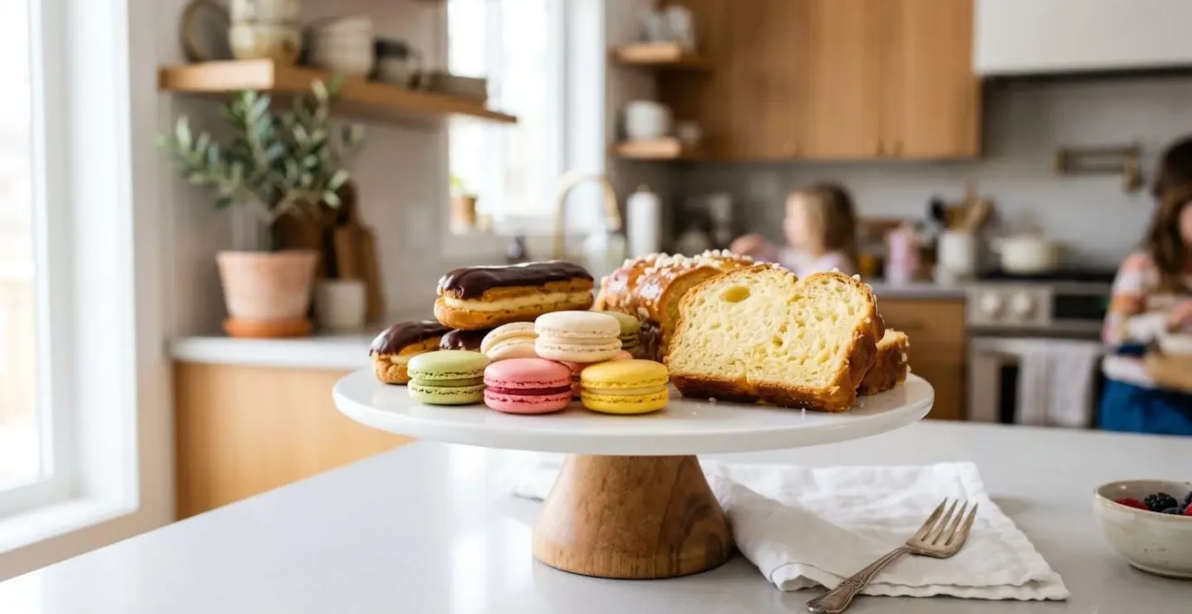 Assortiment de pâtisseries françaises réussies présentées sur présentoir : macarons colorés, éclairs au chocolat et brioche dorée dans une cuisine moderne lumineuse