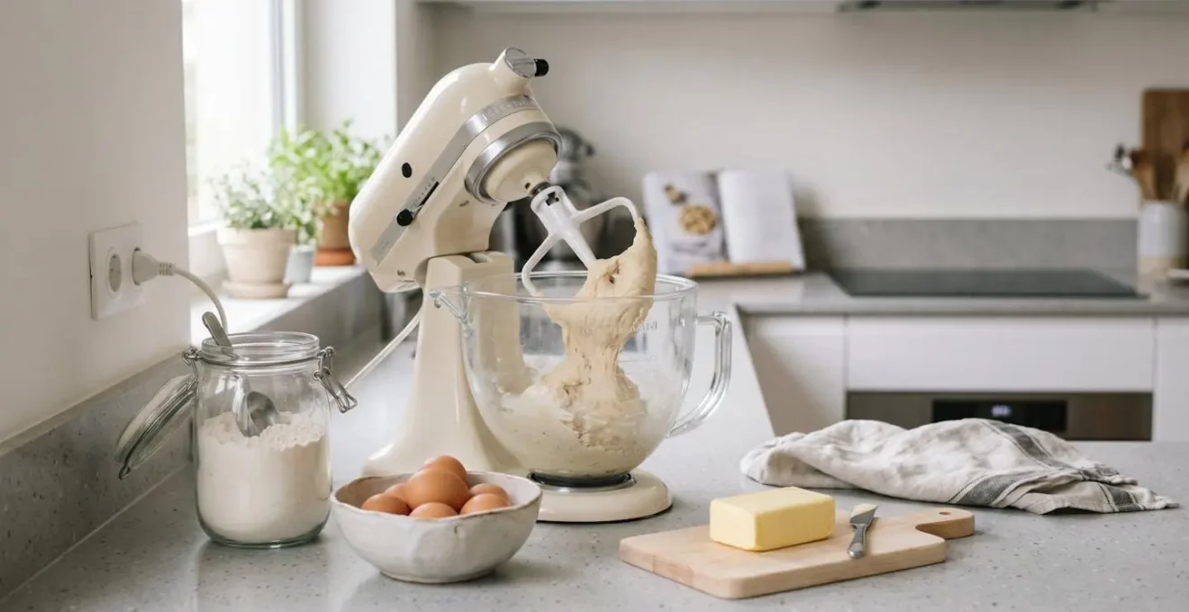 Robot pâtissier en fonctionnement sur plan de travail de cuisine moderne avec bol transparent contenant de la pâte, entouré d'ingrédients de pâtisserie disposés naturellement