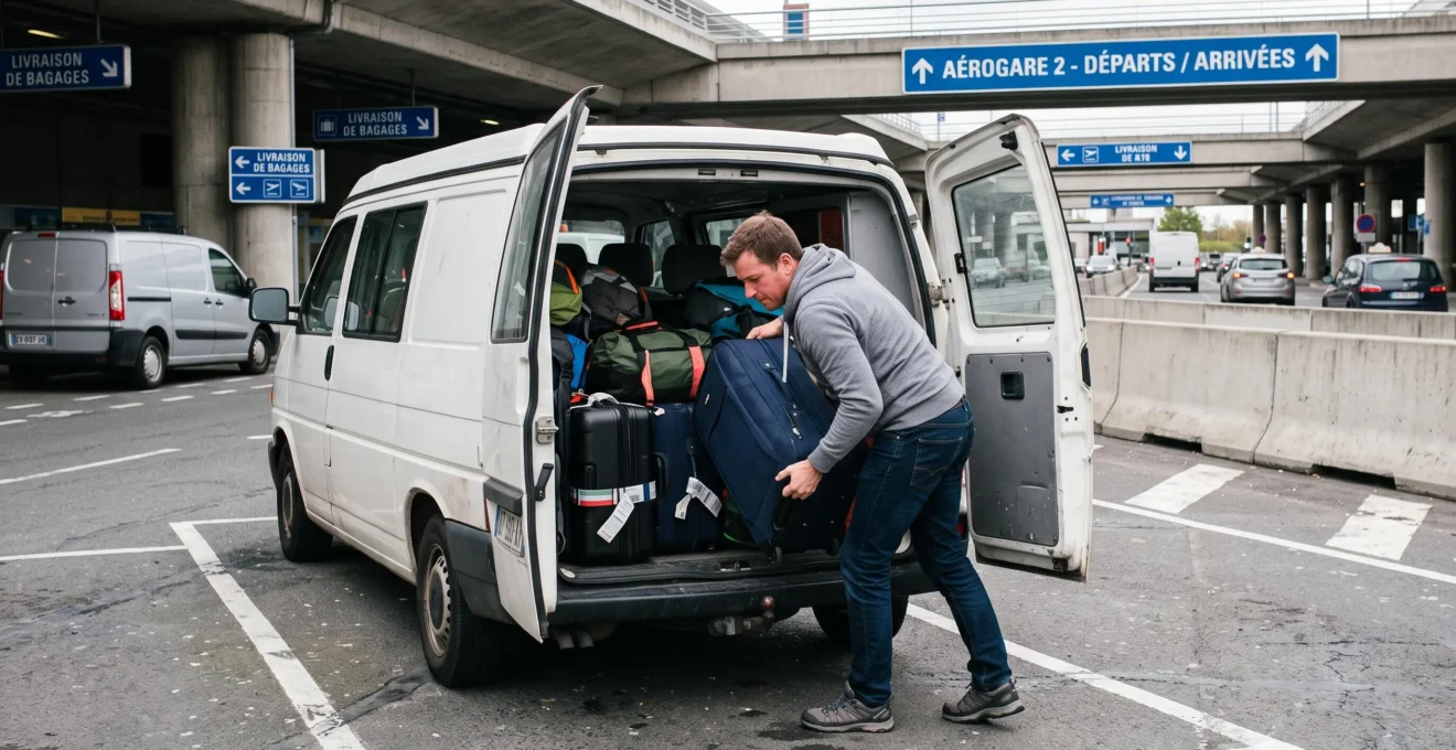 Voyageur chargeant des valises dans l'espace de rangement arrière d'un van aménagé dans la zone de livraison de l'aéroport CDG