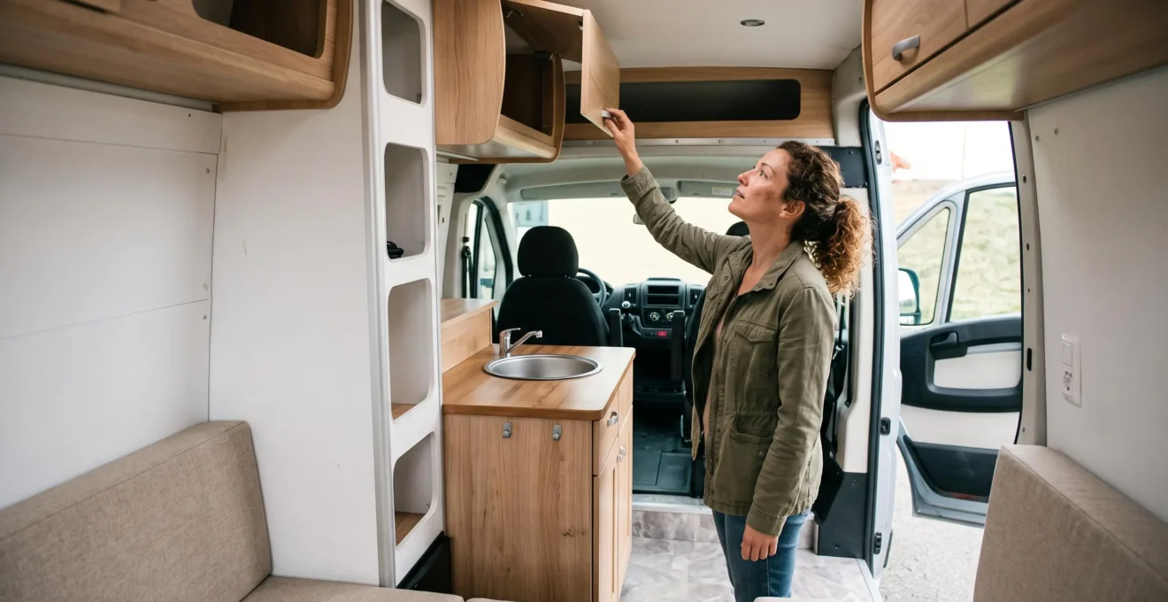 Client inspectant les rangements et équipements de cuisine à l'intérieur d'un van aménagé avec mobilier en bois clair