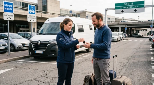 Agent de location remettant les clés d'un van aménagé à un client dans une zone de récupération près de l'aéroport Paris-Charles de Gaulle